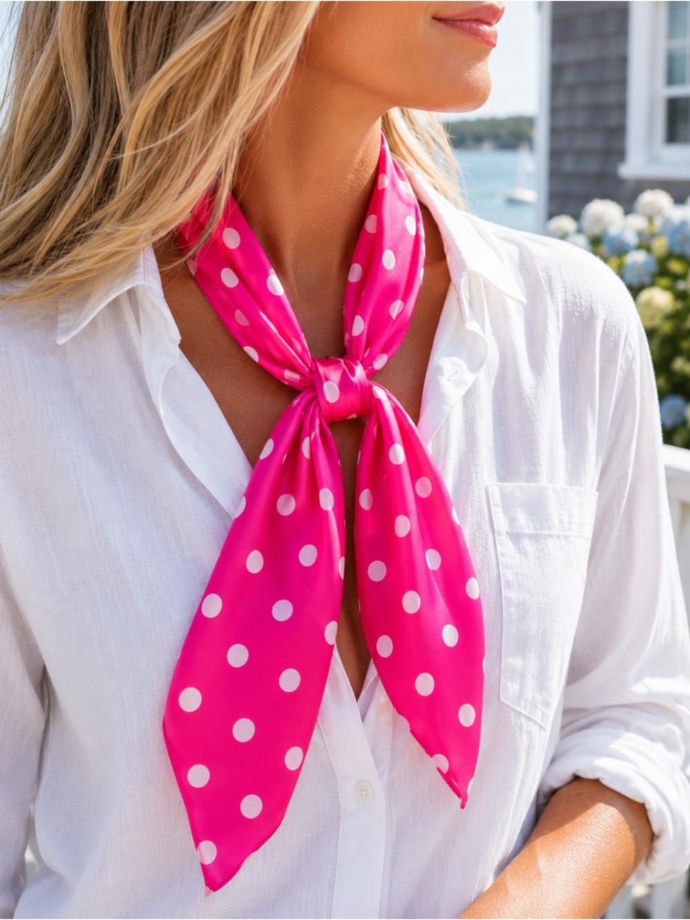 St. John Hot Pink and White Polka Dot Silk Scarf 43.5” x 15.5” Vintage